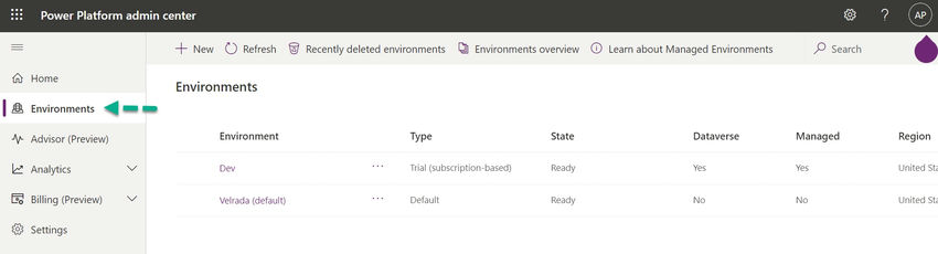 Click on Environments