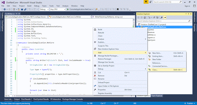 public class CsvWriter {     privateconst string DELIMITER = ",";      public string Write < T  /> (IList < T > list, bool includeHeader = true) {         StringBuildersb = new StringBuilder();          Type type = typeof(T);          PropertyInfo[] properties = type.GetProperties();          if (includeHeader) {             sb.AppendLine(this.CreateCsvHeaderLine(properties));         }          foreach(var item in list) {             sb.AppendLine(this.CreateCsvLine(item, properties));         }          returnsb.ToString();     }      public string Write < T > (IList < T > list, string fileName, bool includeHeader = true) {         string csv = this.Write(list, includeHeader);          this.WriteFile(fileName, csv);          return csv;     }      private string CreateCsvHeaderLine(PropertyInfo[] properties) {         List < string > propertyValues = new List < string > ();          foreach(var prop in properties) {             stringformatString = string.Empty;             string value = prop.Name;              var attribute = prop.GetCustomAttribute(typeof(DisplayAttribute));             if (attribute != null) {                 value = (attribute as DisplayAttribute).Name;             }              this.CreateCsvStringItem(propertyValues, value);         }          returnthis.CreateCsvLine(propertyValues);     }      private string CreateCsvLine < T > (T item, PropertyInfo[] properties) {         List < string > propertyValues = new List < string > ();          foreach(var prop in properties) {             stringformatString = string.Empty;             object value = prop.GetValue(item, null);              if (prop.PropertyType == typeof(string)) {                 this.CreateCsvStringItem(propertyValues, value);             } else if (prop.PropertyType == typeof(string[])) {                 this.CreateCsvStringArrayItem(propertyValues, value);             } else if (prop.PropertyType == typeof(List < string > )) {                 this.CreateCsvStringListItem(propertyValues, value);             } else {                 this.CreateCsvItem(propertyValues, value);             }         }          returnthis.CreateCsvLine(propertyValues);     }      private string CreateCsvLine(IList < string > list) {         returnstring.Join(CsvWriter.DELIMITER, list);     }      private void CreateCsvItem(List < string > propertyValues, object value) {         if (value != null) {             propertyValues.Add(value.ToString());         } else {             propertyValues.Add(string.Empty);         }     }      private void CreateCsvStringListItem(List < string > propertyValues, object value) {         string formatString = "\"{0}\"";         if (value != null) {             value = this.CreateCsvLine((List < string > ) value);             propertyValues.Add(string.Format(formatString, this.ProcessStringEscapeSequence(value)));         } else {             propertyValues.Add(string.Empty);         }     }      private void CreateCsvStringArrayItem(List < string > propertyValues, object value) {         string formatString = "\"{0}\"";         if (value != null) {             value = this.CreateCsvLine(((string[]) value).ToList());             propertyValues.Add(string.Format(formatString, this.ProcessStringEscapeSequence(value)));         } else {             propertyValues.Add(string.Empty);         }     }      private void CreateCsvStringItem(List < string > propertyValues, object value) {         string formatString = "\"{0}\"";         if (value != null) {             propertyValues.Add(string.Format(formatString, this.ProcessStringEscapeSequence(value)));         } else {             propertyValues.Add(string.Empty);         }     }      private string ProcessStringEscapeSequence(object value) {         returnvalue.ToString().Replace("\"", "\"\"");     }      public bool WriteFile(string fileName, string csv) {         boolfileCreated = false;          if (!string.IsNullOrWhiteSpace(fileName)) {             File.WriteAllText(fileName, csv);              fileCreated = true;         }          returnfileCreated;     } }