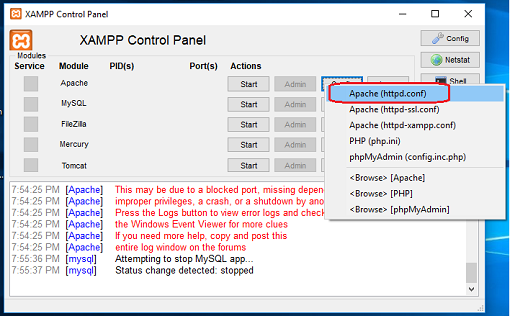 Click on "Apache (httpd.conf)" option.