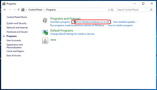 Click on the "Turn Windows Feature on or off" option.