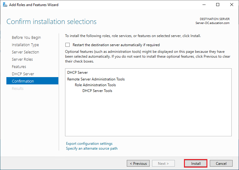 install DHCP server and configure Windows server