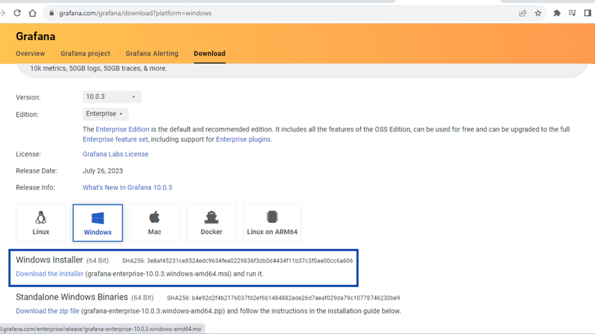 Grafana download page