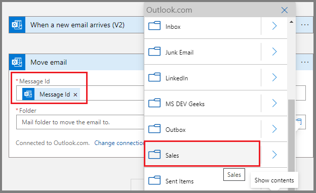 How to move the specific email to specific folder using Azure Logic App