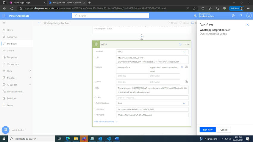 one way whatsapp messaging using Power automate to Twillio