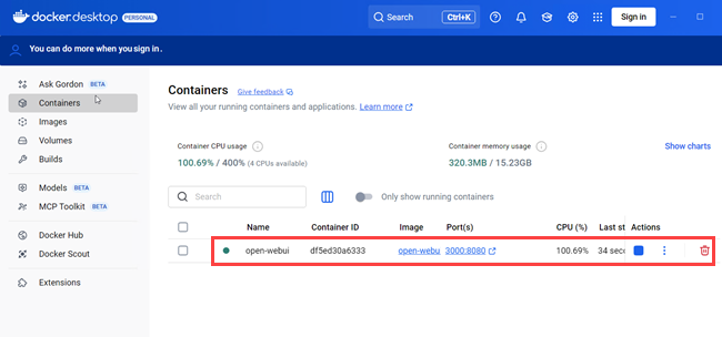 Docker Desktop execution of the command