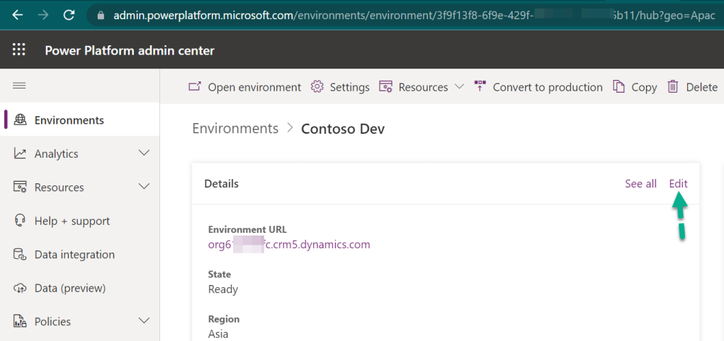 Update the URL of the Dynamics 365 CE environment