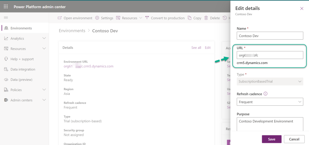 Update the URL of the Dynamics 365 CE environment