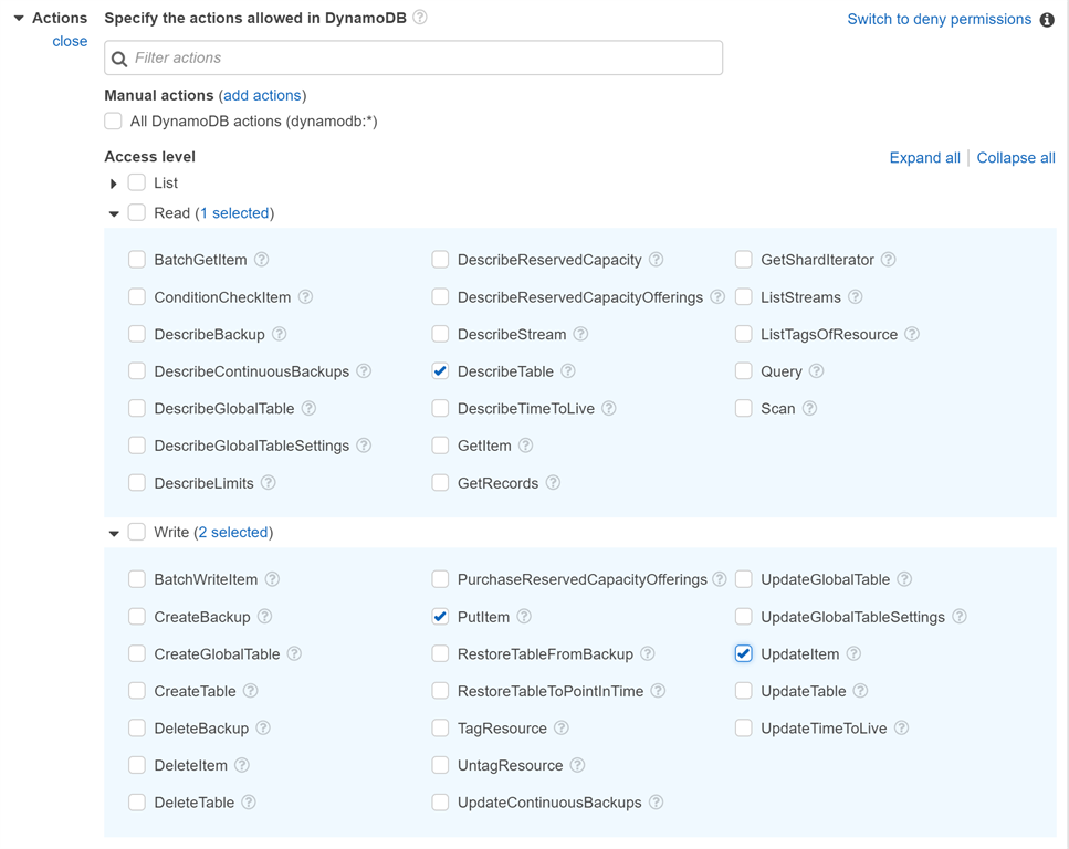 Select DynamoDB Actions