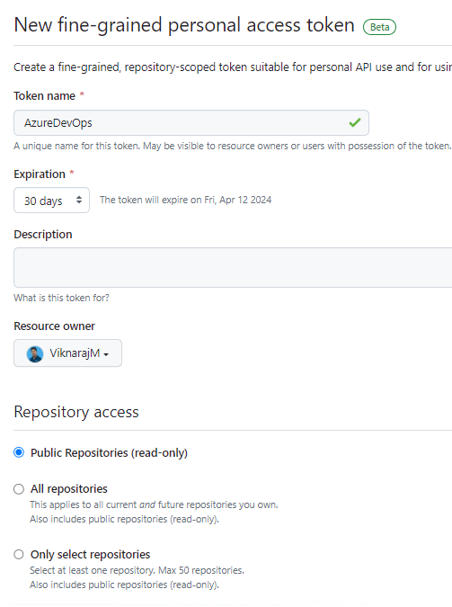 New fine grained personal access token