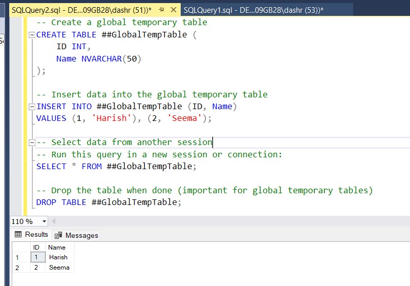 Local and Global Temporary Tables in SQL Server