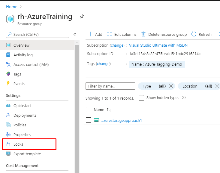 Locking in azure resource group