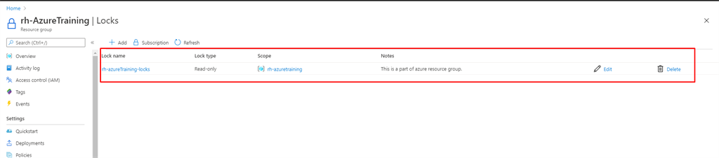 Locking in azure resource group