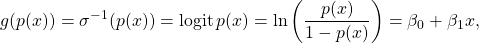 {\displaystyle g(p(x))=\sigma ^{-1}(p(x))=\operatorname {logit} p(x)=\ln \left({\frac {p(x)}{1-p(x)}}\right)=\beta _{0}+\beta _{1}x,}