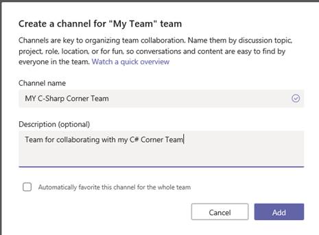 O365 - Teams - Create Channel dialog - Adding Channel to Team