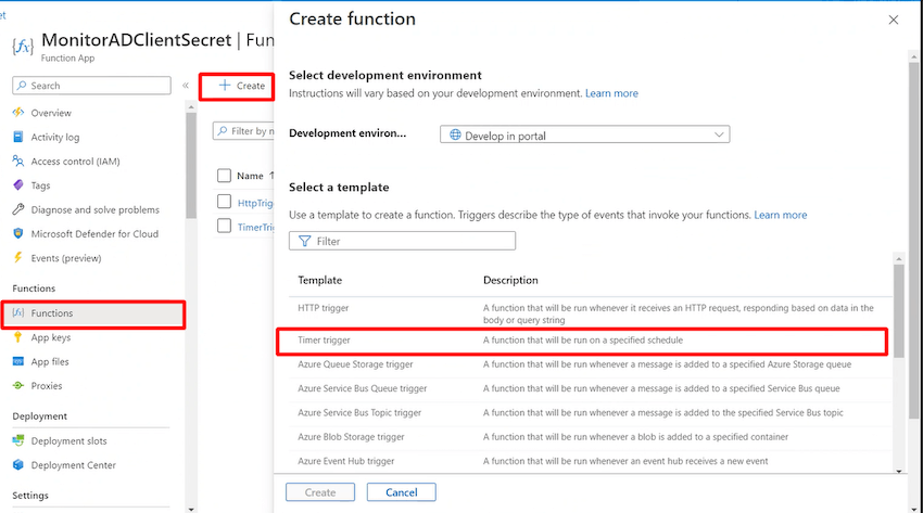 Create Azure Timer Trigger