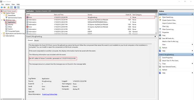 .NET Core Web API Logging Using NLog In Event Log