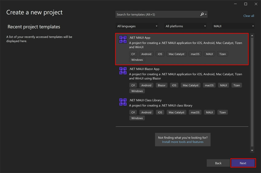Visual Studio in new project
