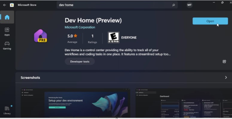 Dev Home tool in Windows