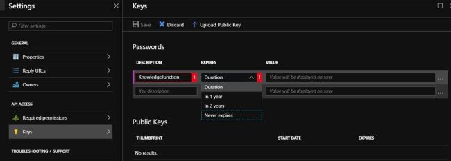 Azure Active Directory admin center - Azure App />> Settings >> Keys >> Generating Client Secret Key