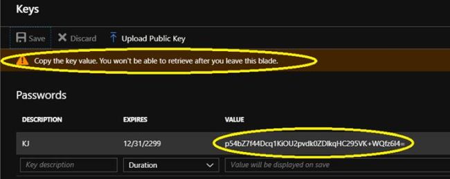 Azure Active Directory admin center - Azure App />> Settings >> Keys >> New Client Secret Key generated