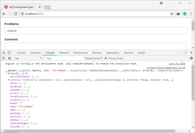 ngModel object in console