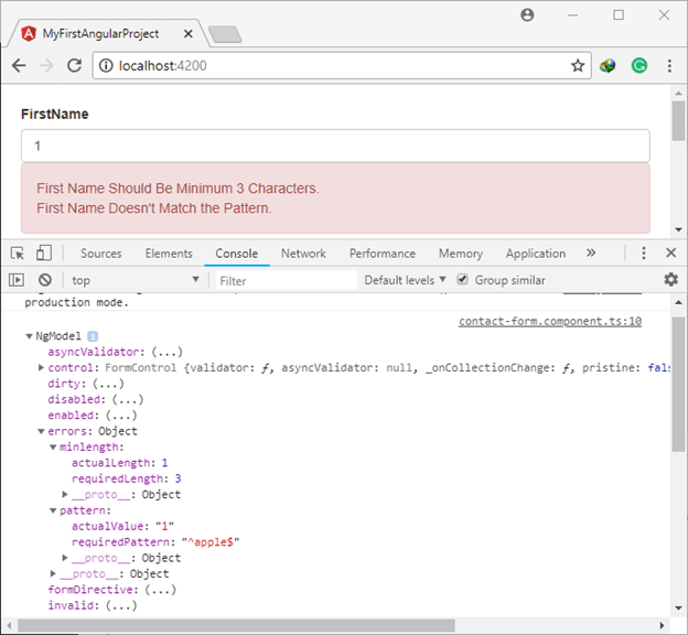 content of the errors object