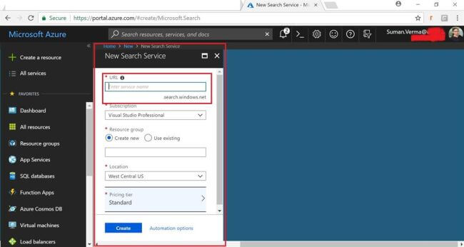Create Azure Search Service 