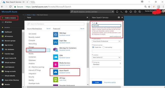 Create Azure Search Service 