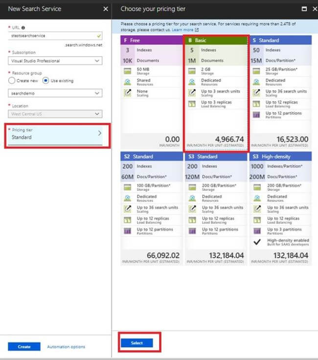 Create Azure Search Service 