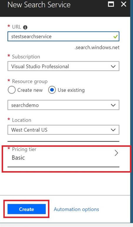 Create Azure Search Service 