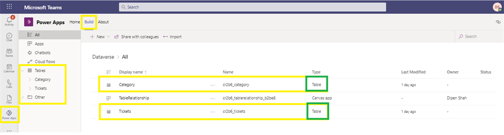 Relationship between tables in Dataverse using PowerApp from MS Team