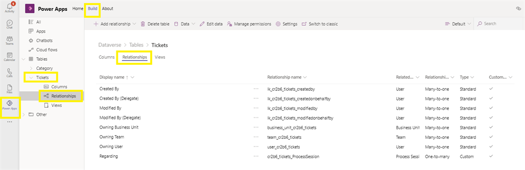 Relationship between tables in Dataverse using PowerApp from MS Team