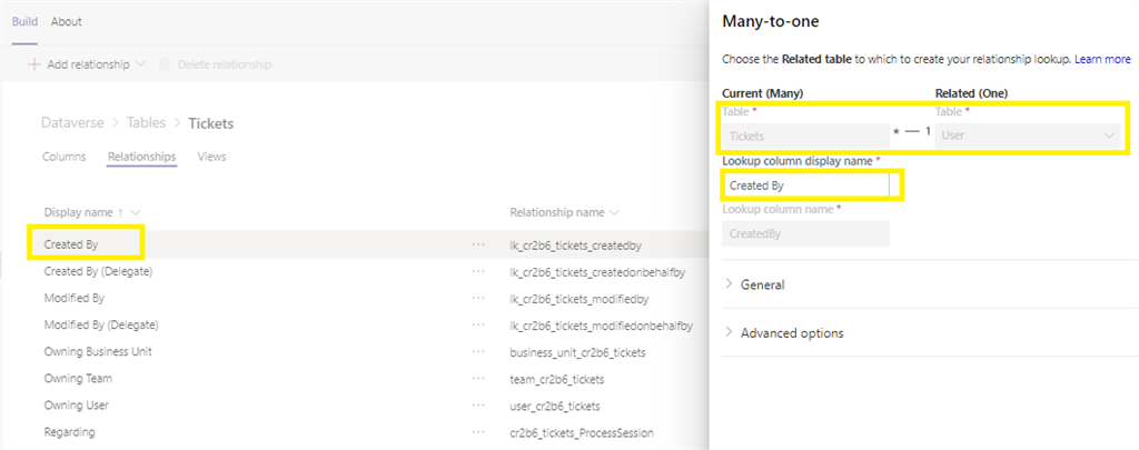 Relationship between tables in Dataverse using PowerApp from MS Team