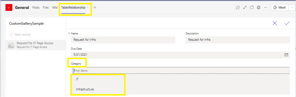 Relationship between tables in Dataverse using PowerApp from MS Team