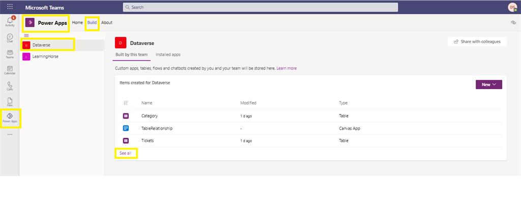Relationship between tables in Dataverse using PowerApp from MS Team