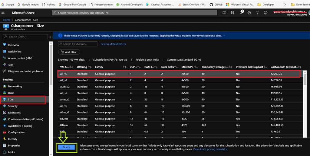 Resizing The Virtual Machine In Azure Cloud