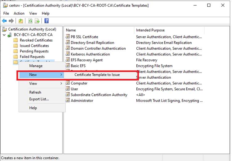 Certificate Templates node