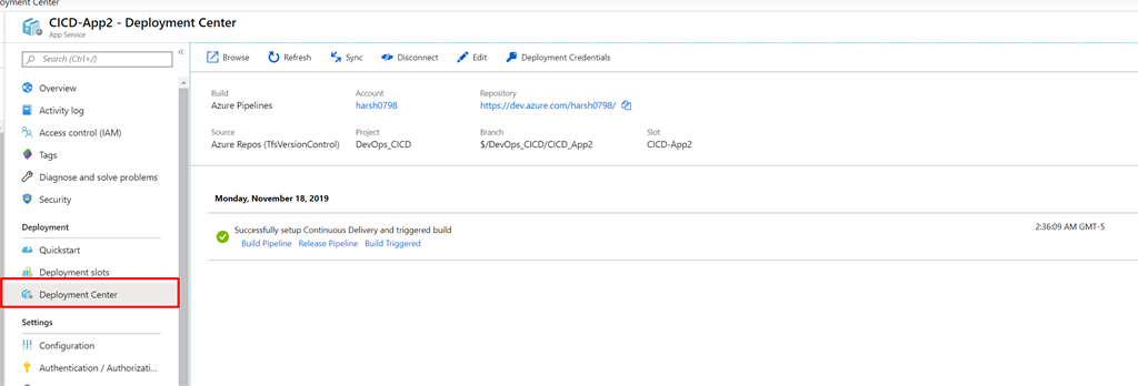 Azure App Deployment Center