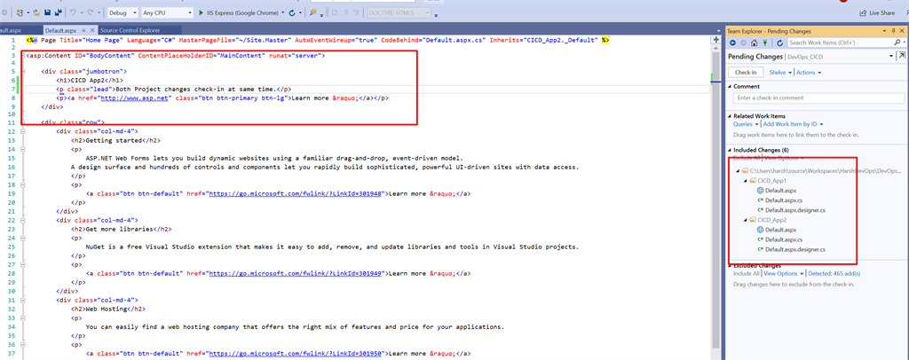 Changes in Default.aspx pages under both project