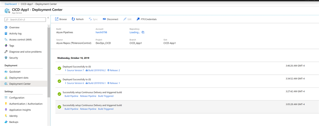 Azure App Deployment Center
