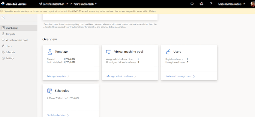 dashboard from the azure lab services portal (template info, virtual machine pool info, users info and schedules)