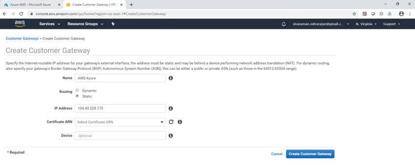 site to site vpn azure aws