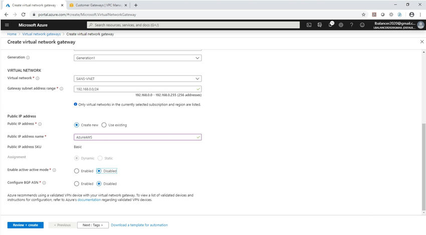 site to site vpn aws and azure
