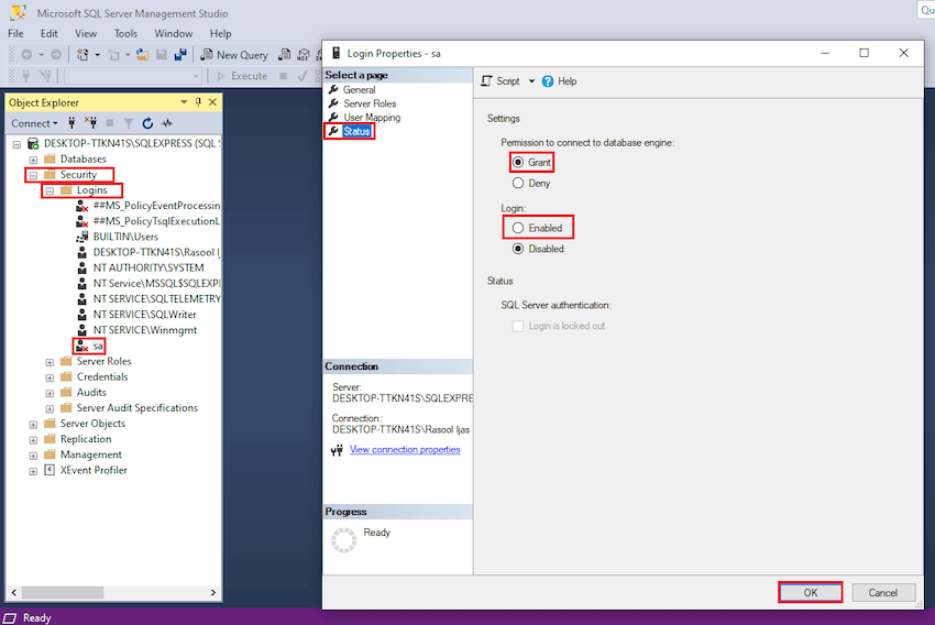 Login failed for user 'sa'. Microsoft SQL Server, Error 18456
