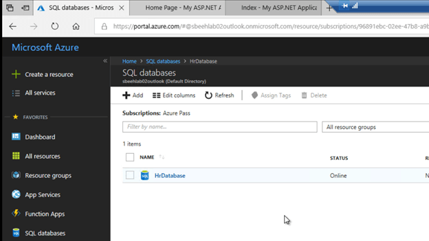 Storing SQL Data In Azure By Using Azure Database And Entity Framework
