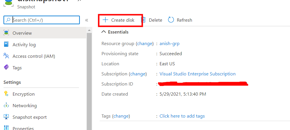 Taking Disk Snapshot In Azure