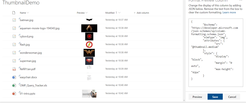 Thumbnail Or Preview Of Files In SharePoint Document Library Using Column Formatting