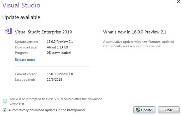 Steps For Visual Studio 2019 Preview Update Version 16.0.0 Preview 2.1