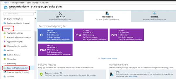 Azure Web App resource blade