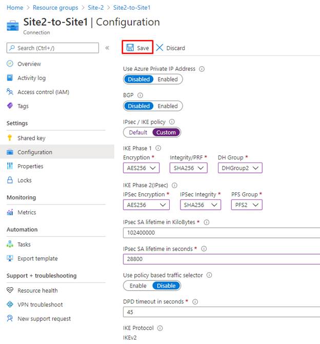 Upgrading The IPsec/ IKE Policy To The Azure Site-To-Site VPN Connection Using The Azure Portal